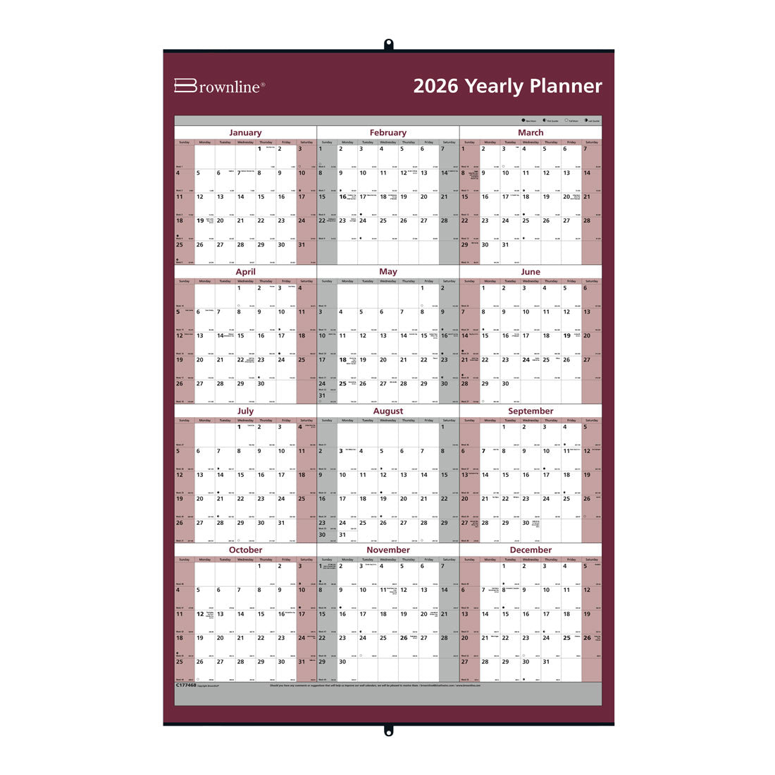 Brownline Laminated Yearly Wall Calendar, Erasable - Reversible, 2026 C177468-26