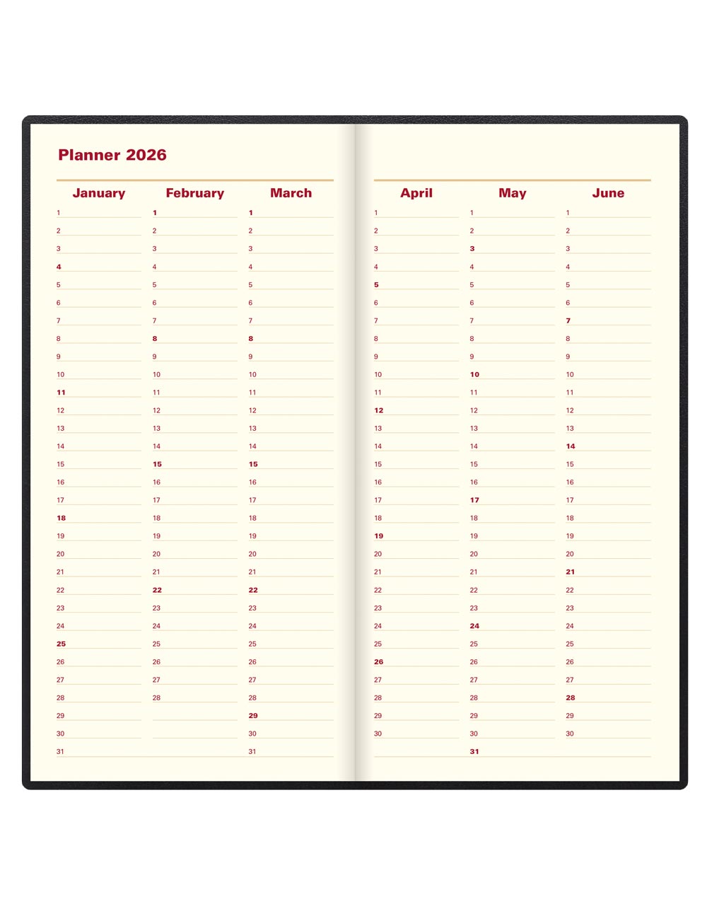 Letts of London Belgravia Slim Landscape Week to View Leather Diary with Appointments and Planners 2026 Black 26-C33SBK #color_black