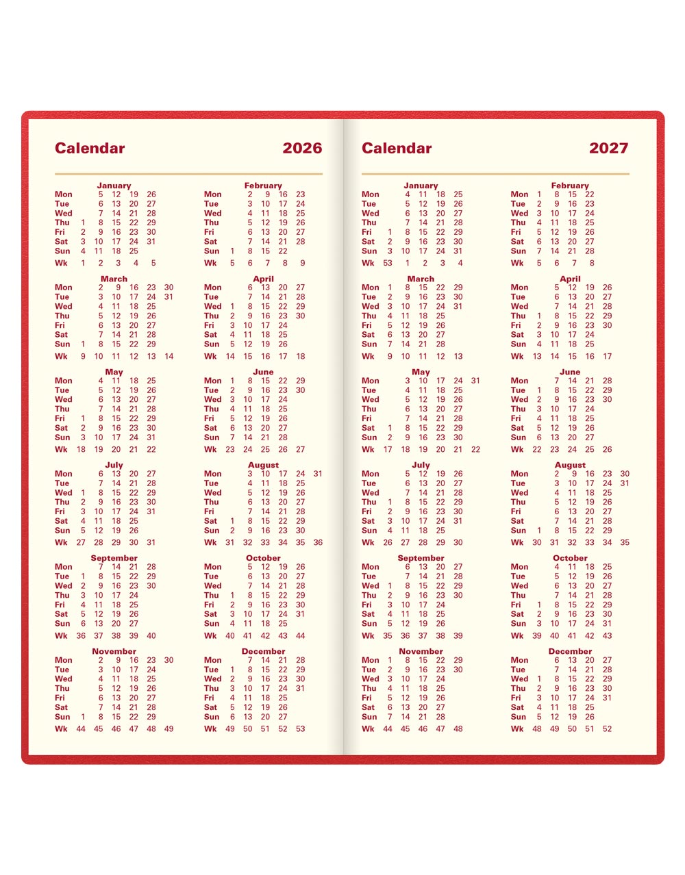 Letts of London Belgravia Slim Landscape Week to View Leather Diary with Appointments and Planners 2026 Red 26-C33SRD #color_red
