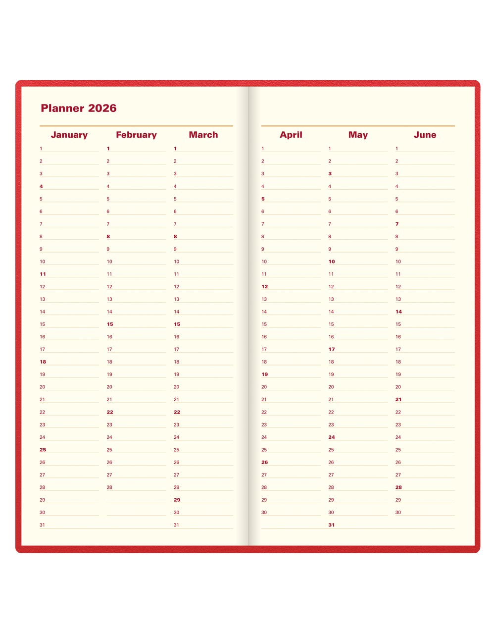 Letts of London Belgravia Slim Landscape Week to View Leather Diary with Appointments and Planners 2026 Red 26-C33SRD #color_red