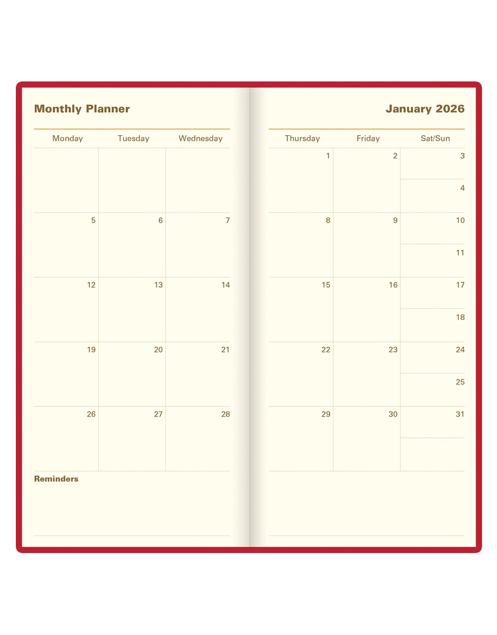 Letts of London Signature Slim Week to View Leather Diary with Planners 2026 - English Red 26-C38SUBY #color_red