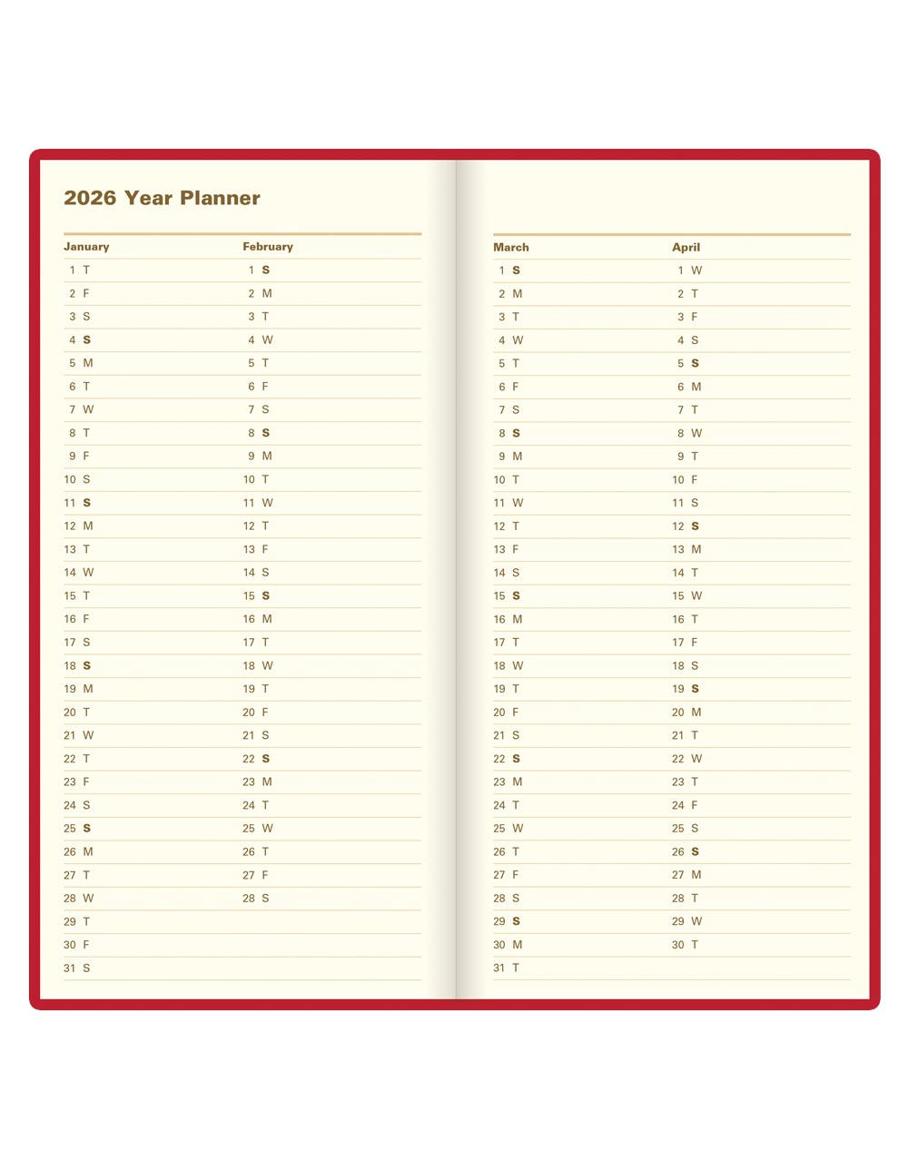 Letts of London Signature Slim Week to View Leather Diary with Planners 2026 - English Red 26-C38SUBY #color_red