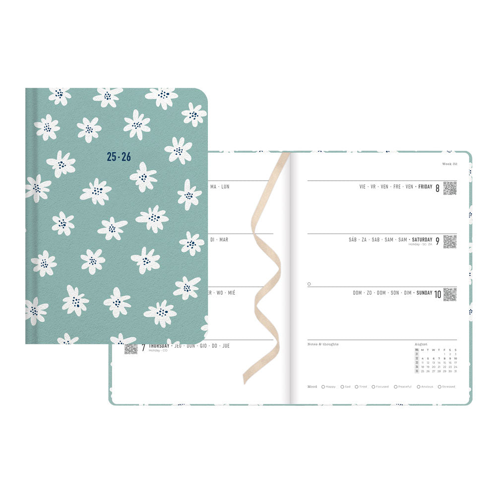 Daisies Academic Weekly Planner, A6, 2026 - 2027 - Multilingual 27-031869 #color_daisies-mint