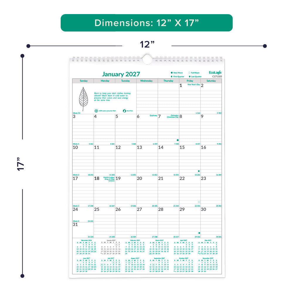 Blueline Monthly Wall Calendar, EcoLogix®, 2027 C171103-27