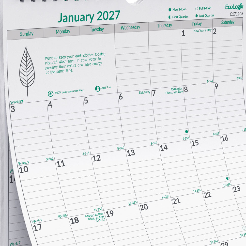 Blueline Monthly Wall Calendar, EcoLogix®, 2027 C171103-27