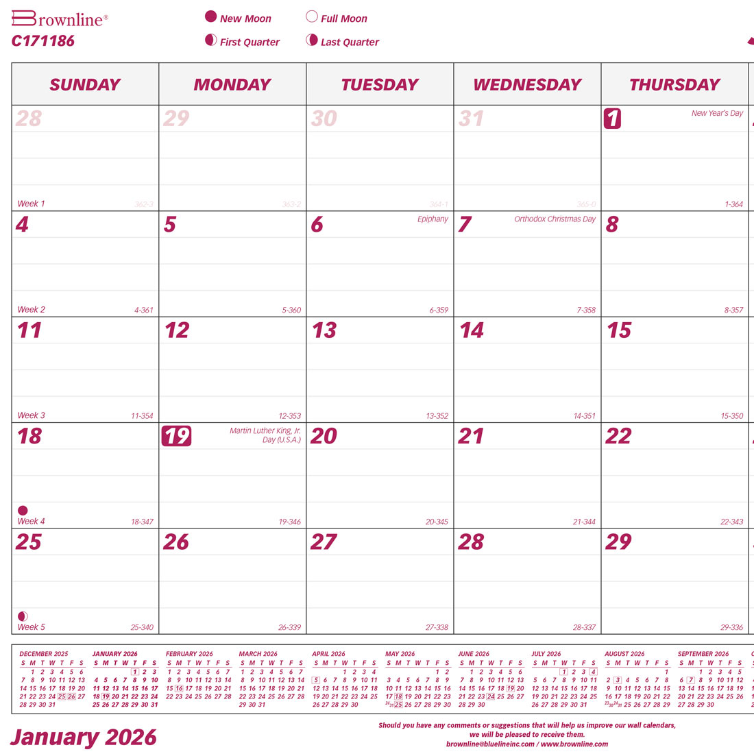 Brownline Monthly Wall Calendar, 2026 C171186-26
