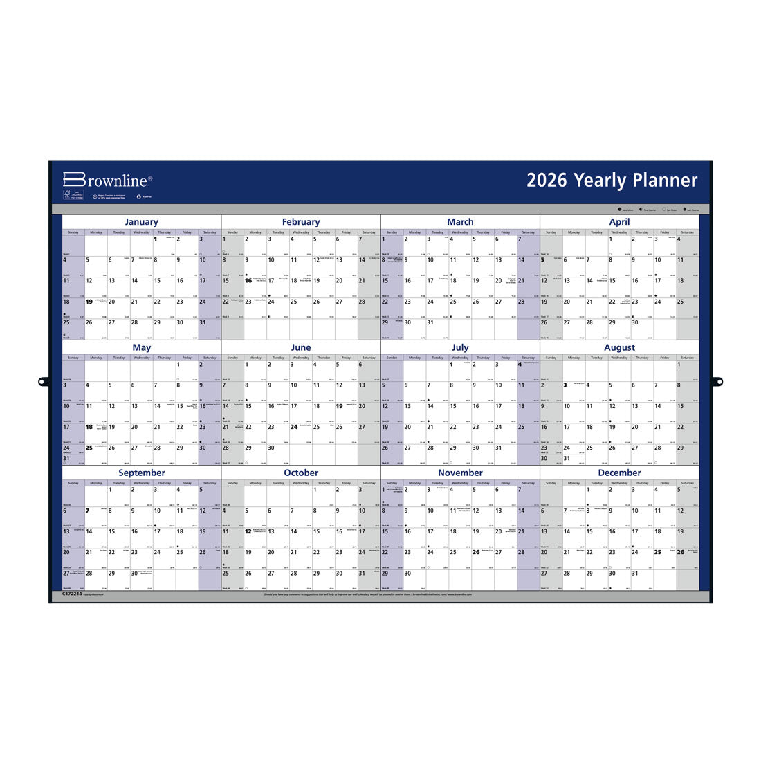 Brownline Laminated Yearly Wall Planner, Erasable - Reversible, 2026 C172214-26