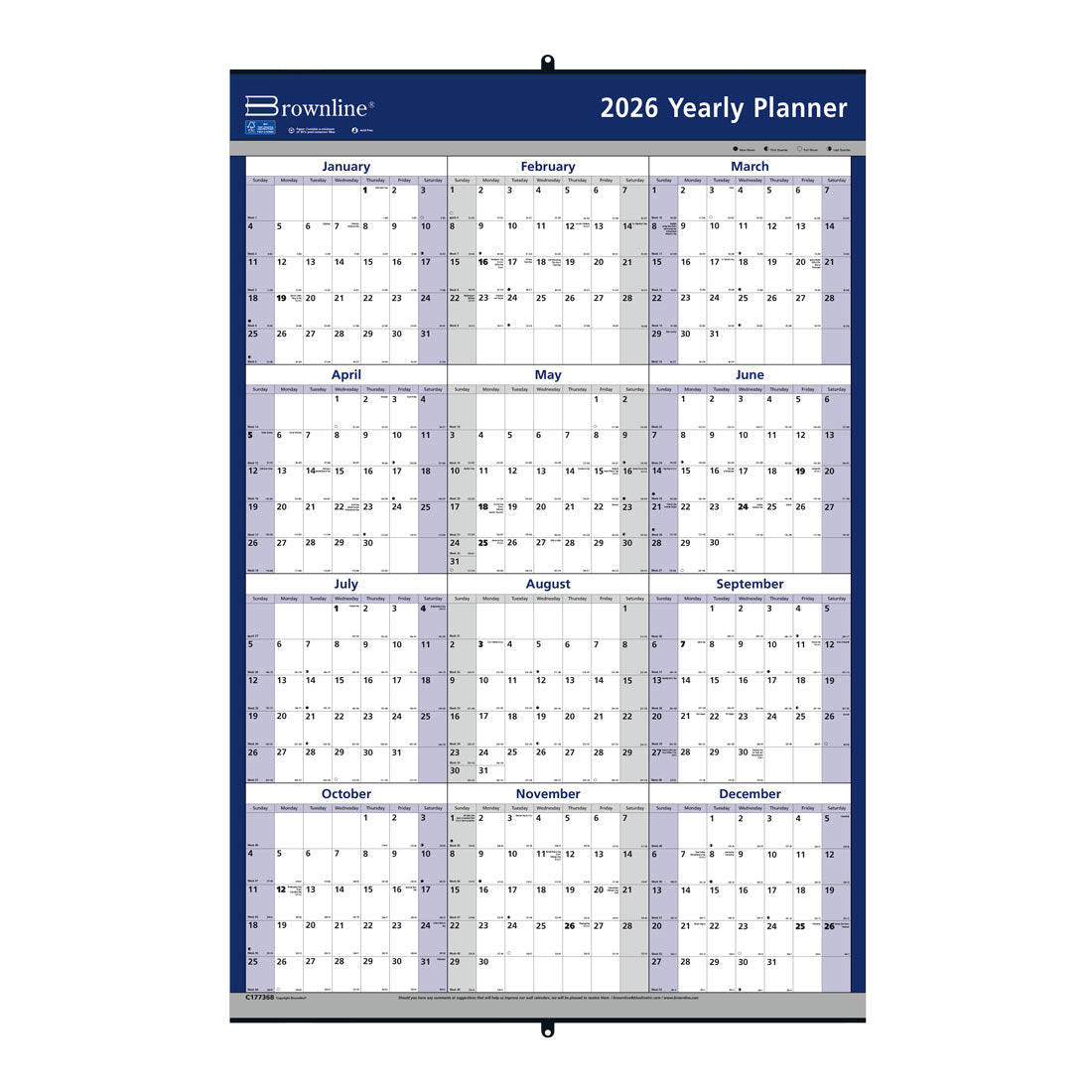 Brownline Laminated Yearly Wall Calendar, Erasable - Reversible, 2026 C177368-26
