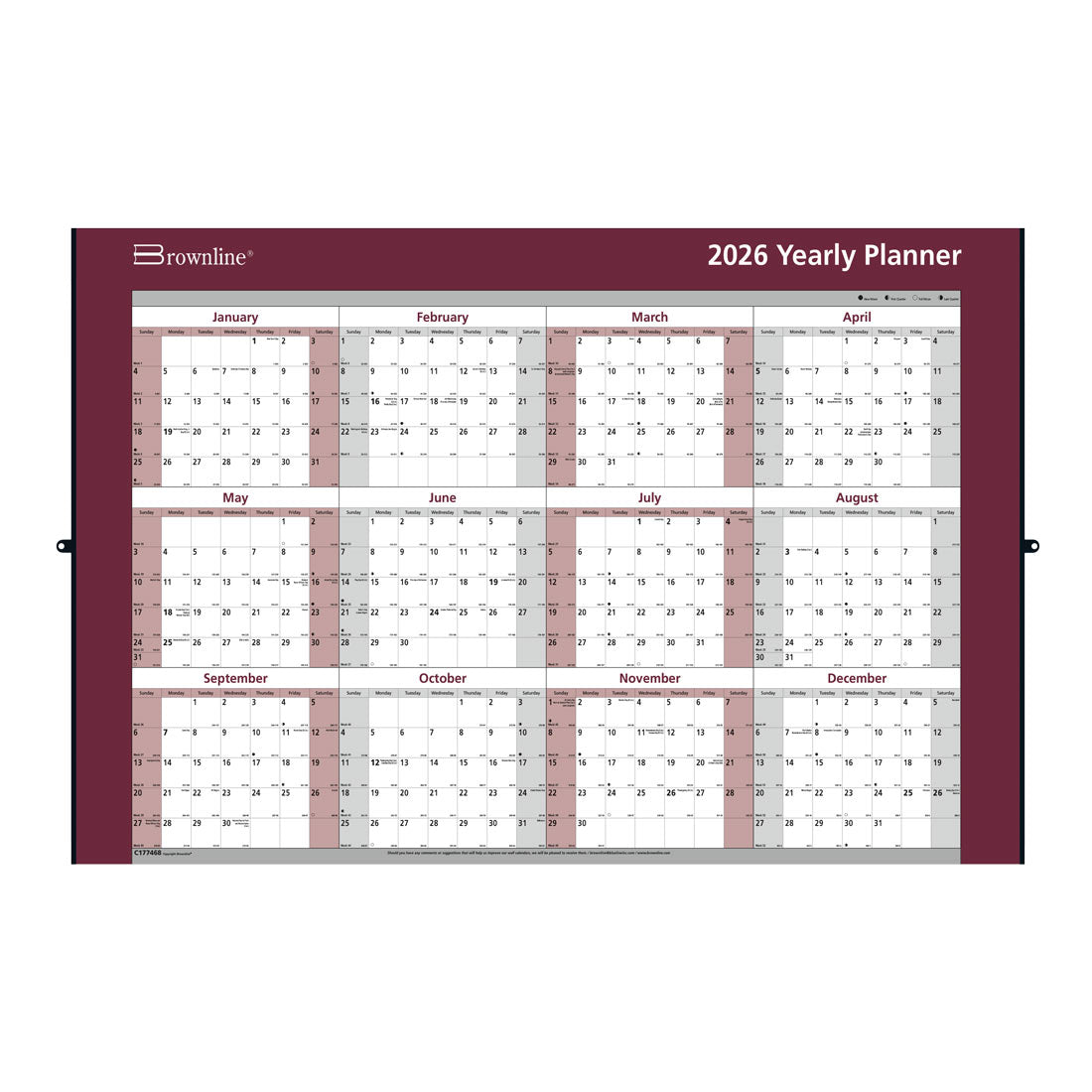 Brownline Laminated Yearly Wall Calendar, Erasable - Reversible, 2026 C177468-26