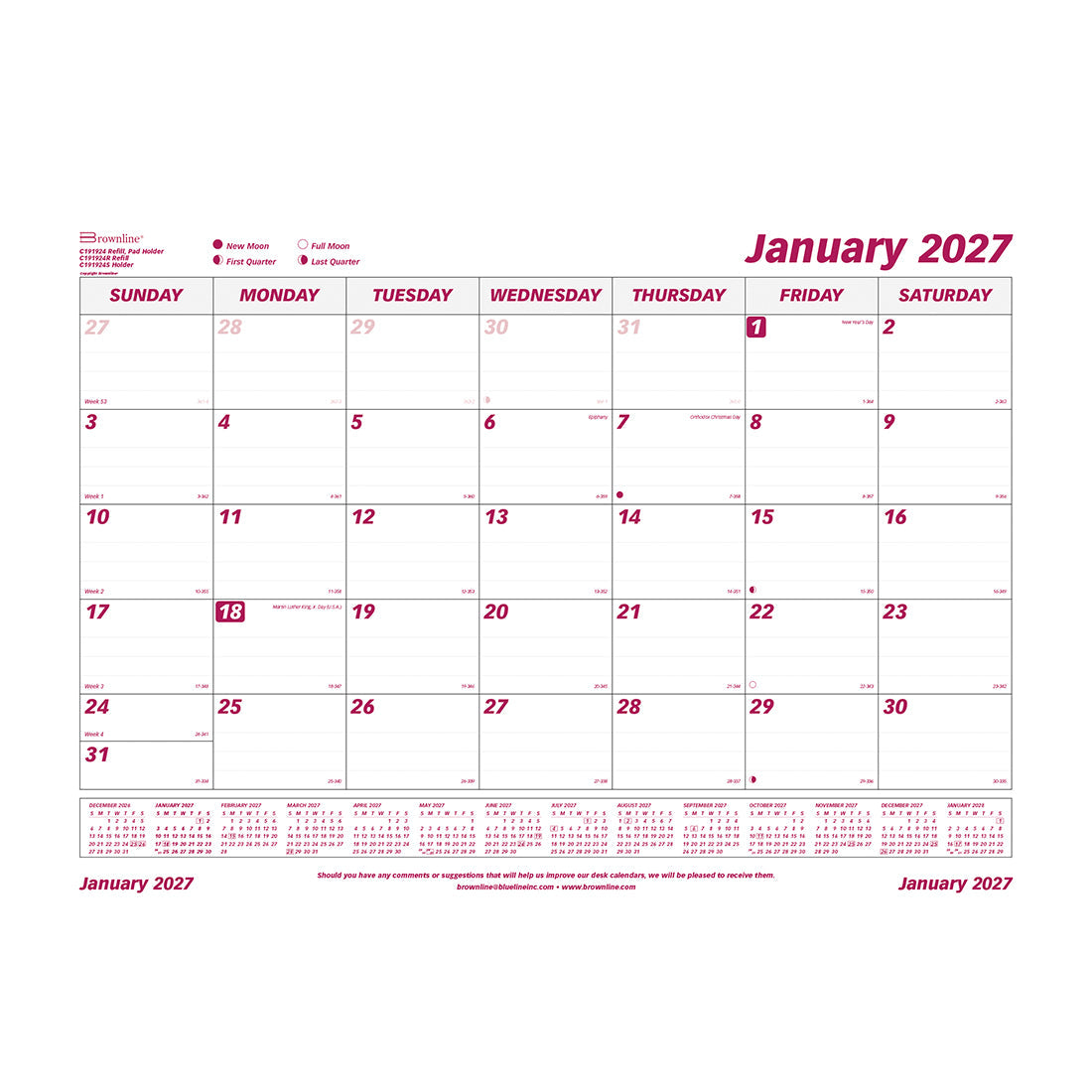 Monthly Desk Pad Calendar, 2027 C191924R-27 Brownline