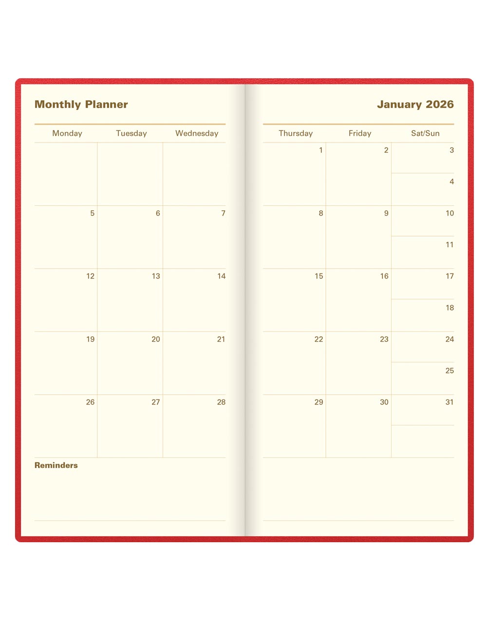 Letts of London Belgravia Slim Week to View Leather Diary with Planners 2026 - English Red 26-C33SURD #color_red