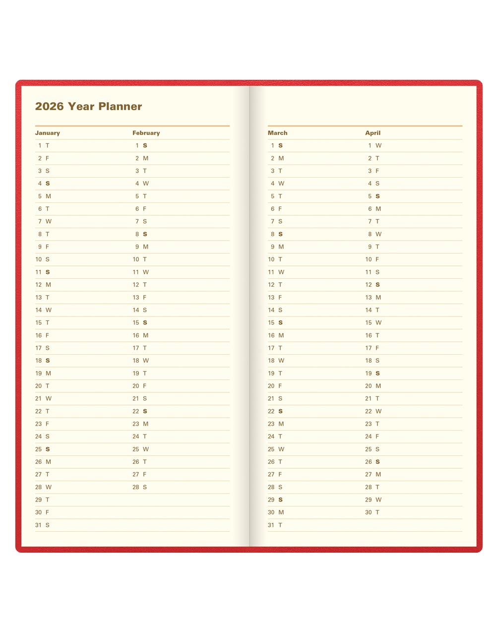 Letts of London Belgravia Slim Week to View Leather Diary with Planners 2026 - English Red 26-C33SURD #color_red