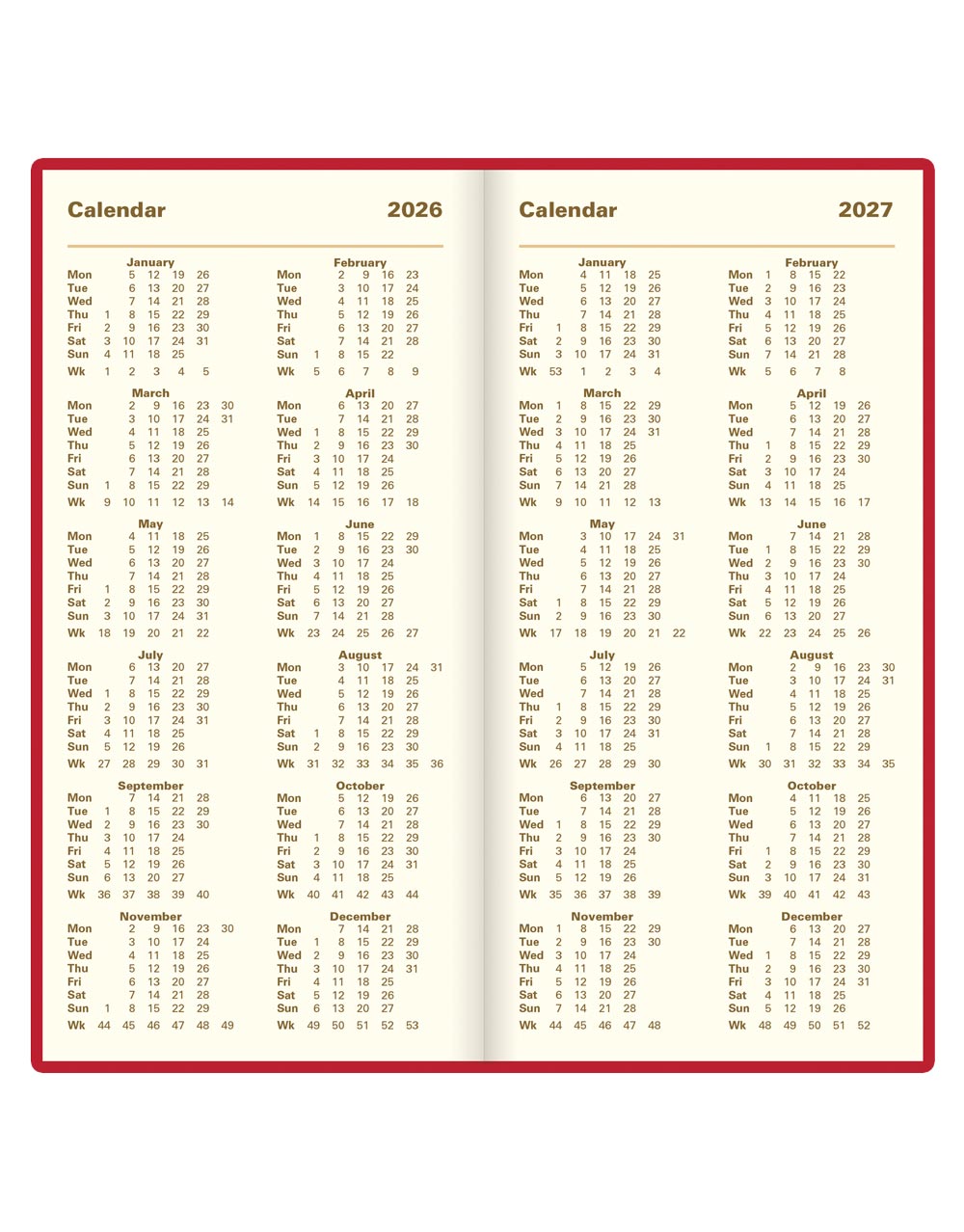 Letts of London Signature Slim Week to View Leather Diary with Planners 2026 - English Red 26-C38SUBY #color_red