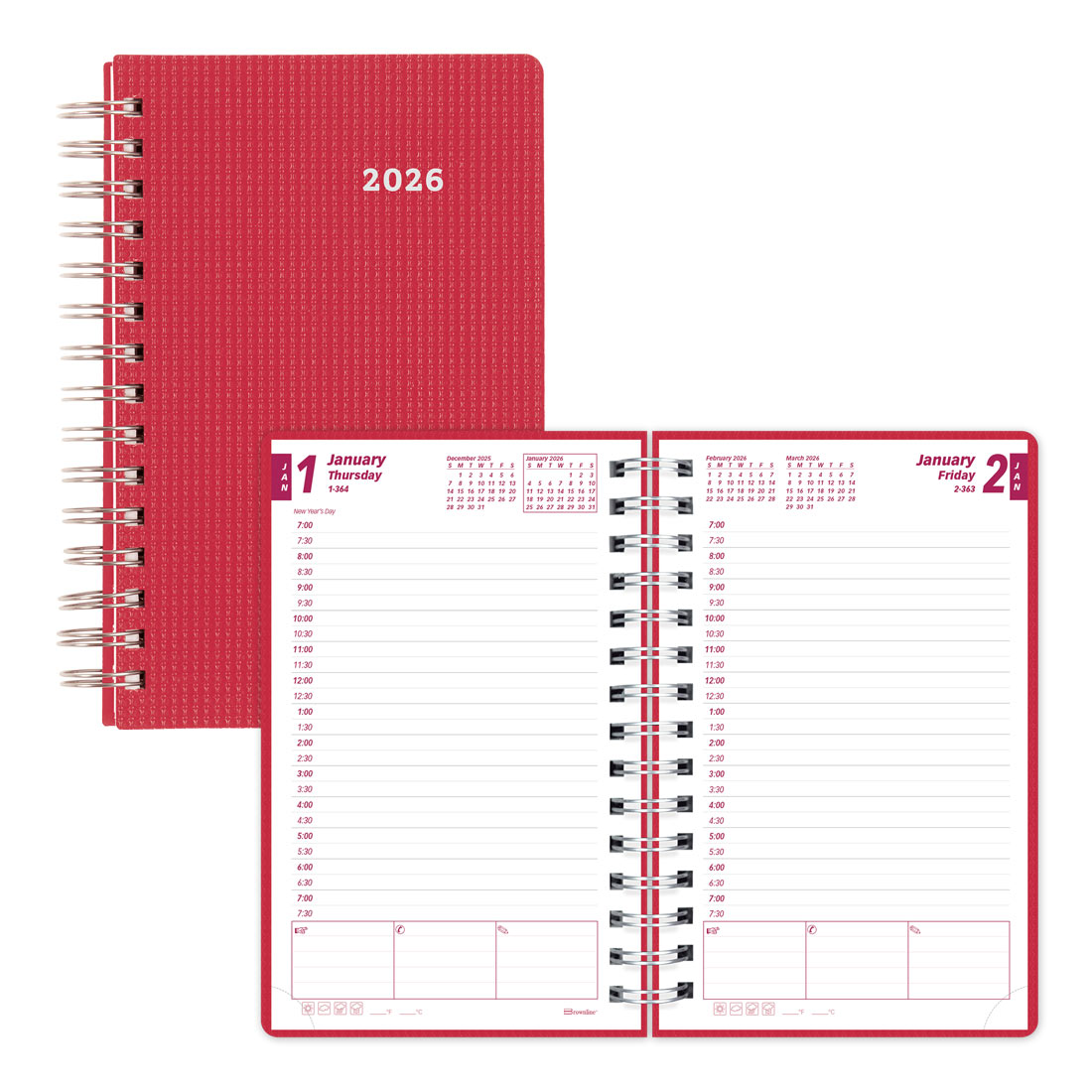 Brownline DuraFlex Daily Planner, 2026 CB634V.BLK-25, CB634V.PUR-25, CB634V.RAS-25 #color_raspberry