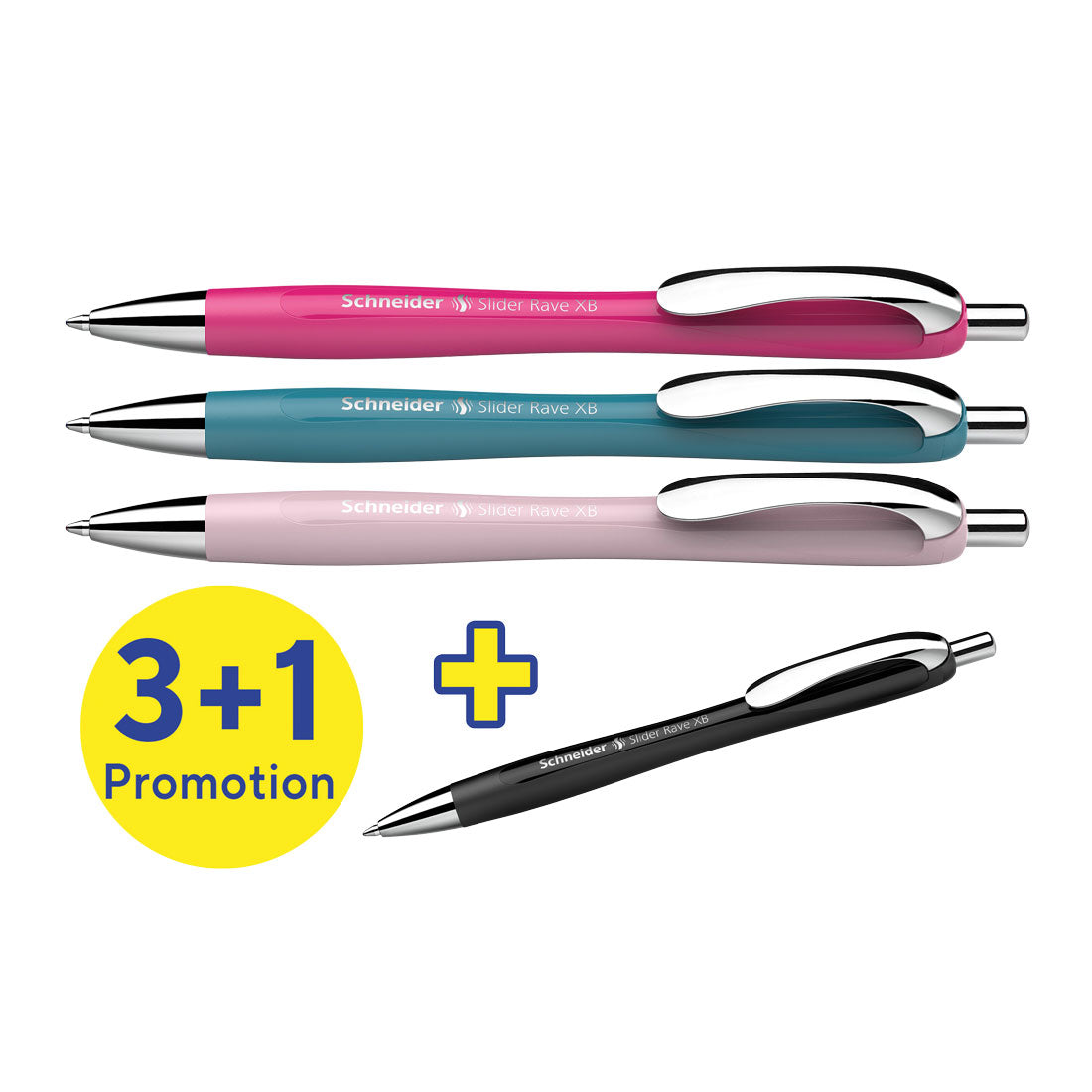 Schneider Rave Retractable Ballpoint Pen XB, Special Limited Edition, Blue Ink, Promo Set of 3 Units + 1 FREE Pen 132564
