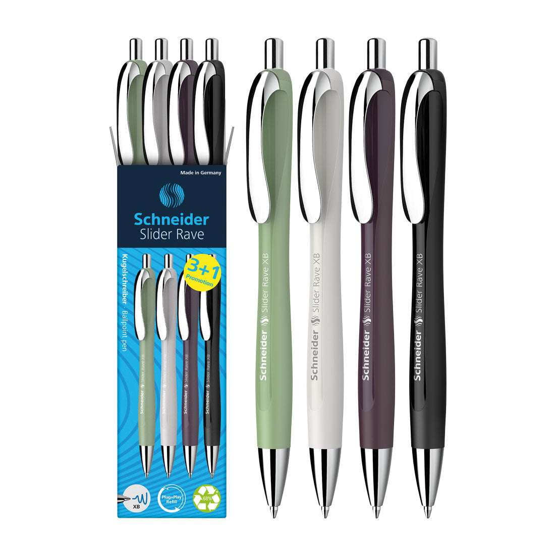 Schneider Rave Retractable Ballpoint Pen XB, Trend Limited Edition, Blue Ink, Promo Set of 3 Units+ 1 FREE Pen RS132684