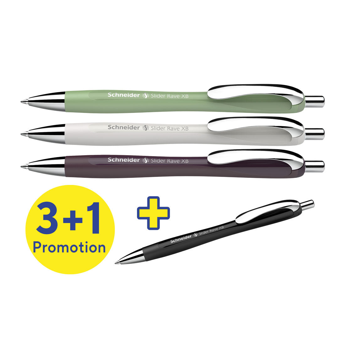 Schneider Rave Retractable Ballpoint Pen XB, Trend Limited Edition, Blue Ink, Promo Set of 3 Units+ 1 FREE Pen RS132684