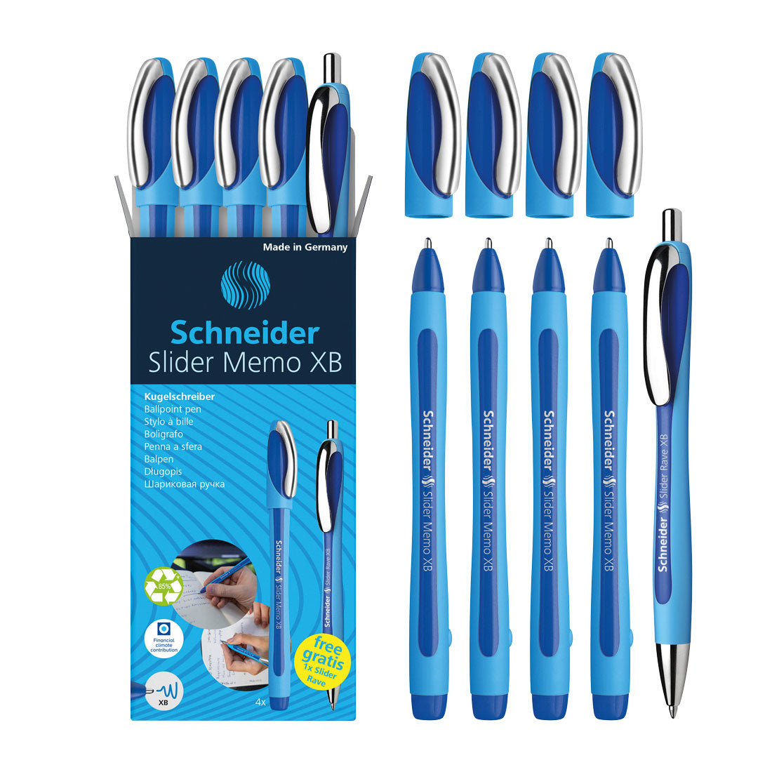 Schneider Memo Ballpoint Pens XB,Blue Ink, Promo Set of 4 Units + 1 FREE Rave 150275