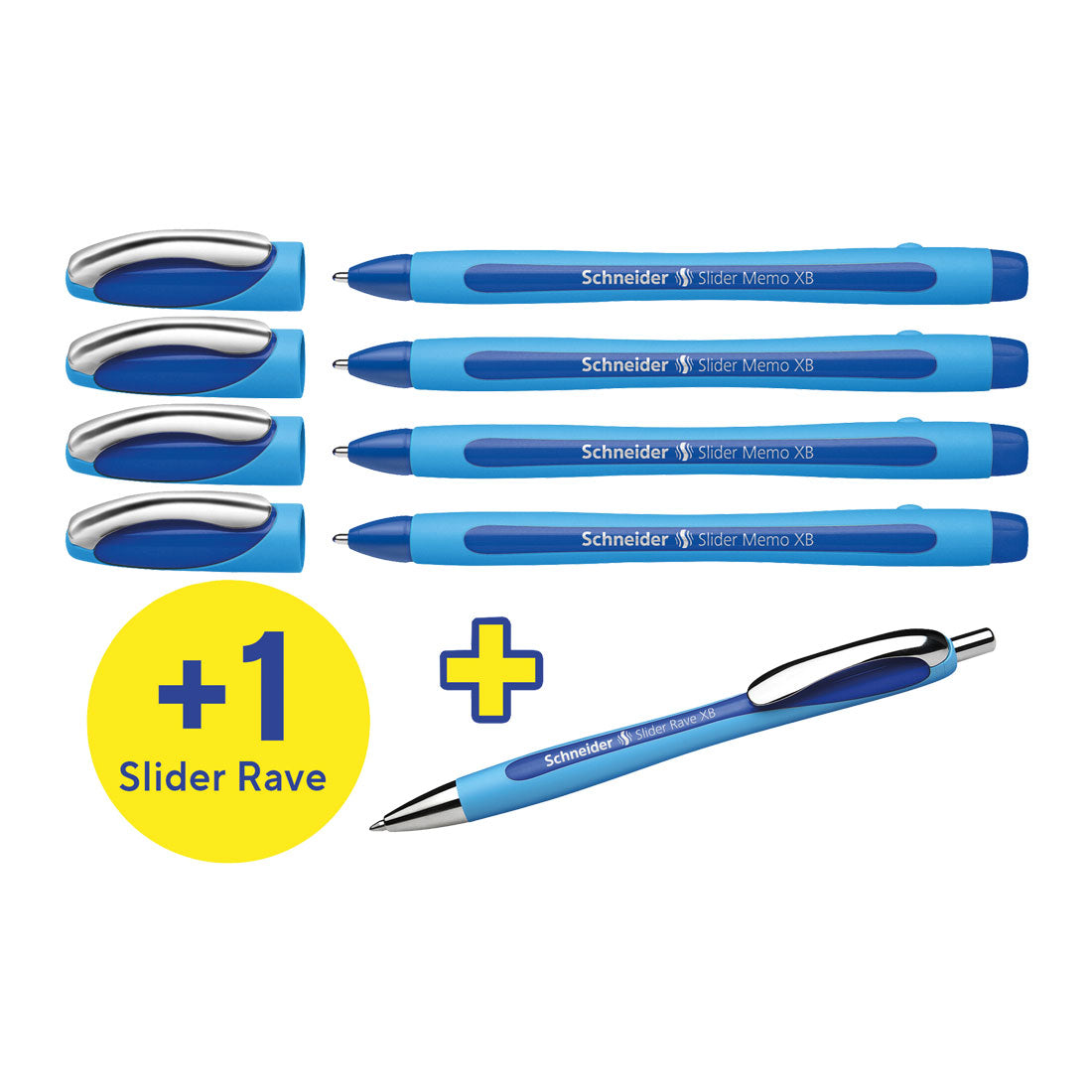 Schneider Memo Ballpoint Pens XB,Blue Ink, Promo Set of 4 Units + 1 FREE Rave 150275