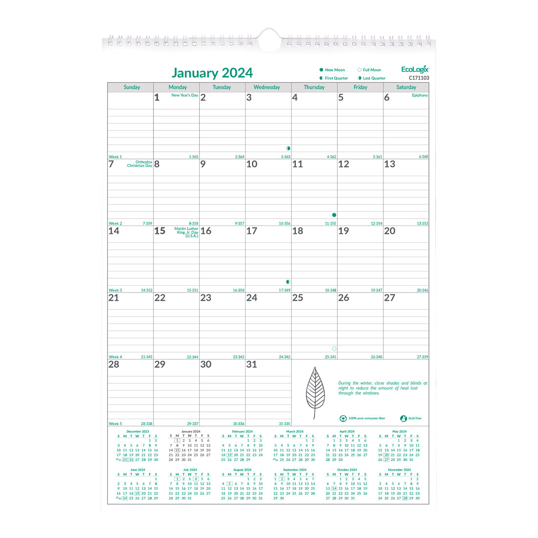 EcoLogix Monthly Wall Calendar 2024